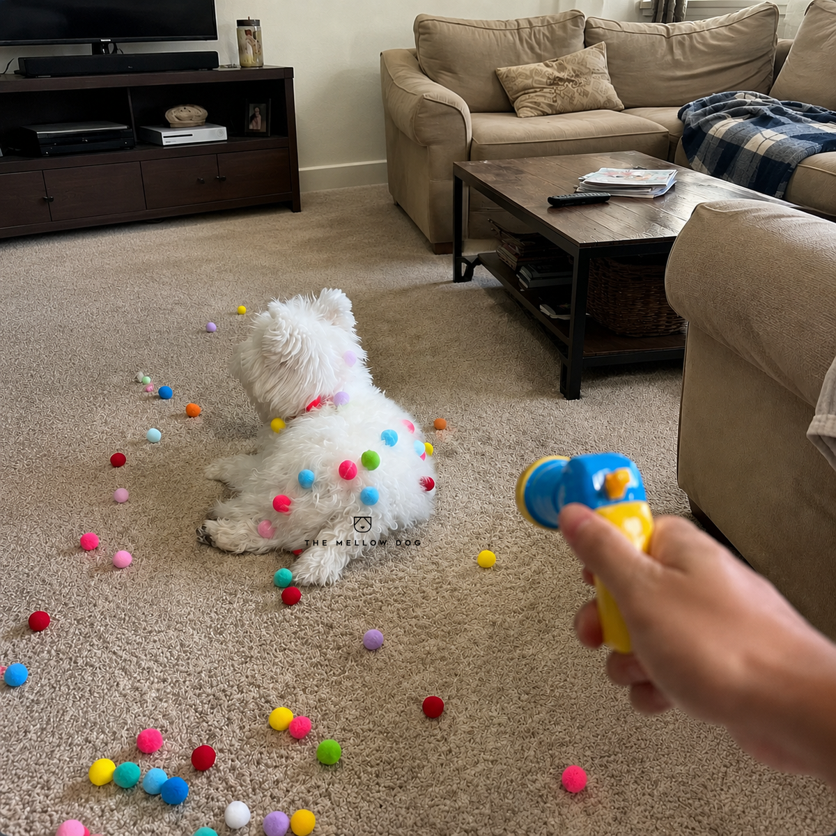 Calming Puff Launcher (100 x soft fuzzy puff balls)